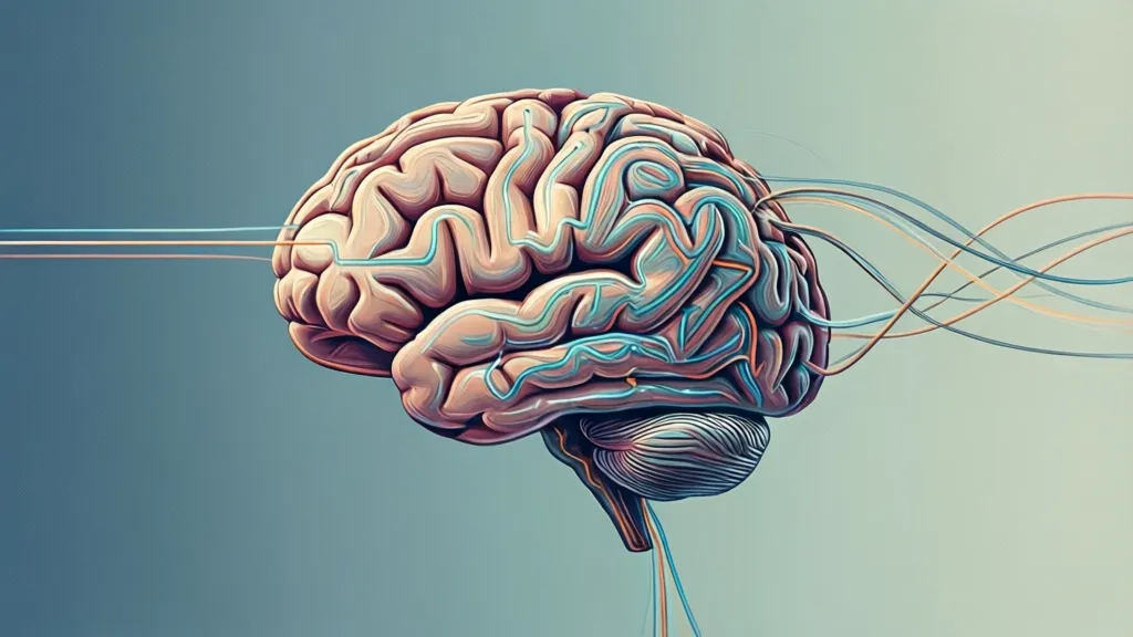 Minimalist graphic design illustrating a brain with clear, focused pathways on one side and chaotic, cluttered pathways on the other, representing clarity versus brain fog. Professional harmonious color palette, modern, trustworthy mood, rule of thirds composition, clean background, ample negative space, 16:9 landscape aspect ratio.