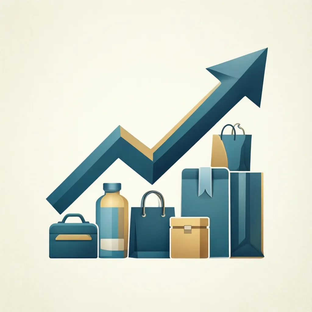 Minimalist graphic design showing a stylized upward trend arrow over a collection of retail product icons, symbolizing growth and efficiency. Professional harmonious color palette, modern, trustworthy, rule of thirds, clean background, ample negative space.