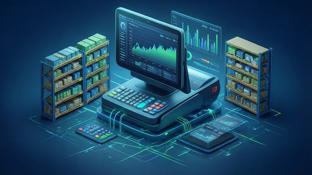 Sleek 3D illustration of interconnected digital retail operations, showing a tablet POS, inventory shelves, and data analytics graphs flowing seamlessly.