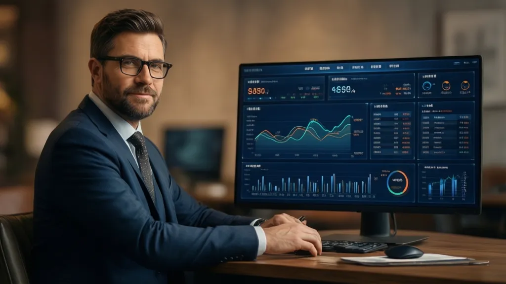 Photorealistic editorial photograph of a retail business owner confidently reviewing a digital dashboard displaying sales analytics and inventory trends
