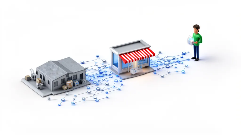 Sleek 3D illustration of interconnected data points flowing from a warehouse to a retail store and then to a customer, symbolizing efficient inventory management. Professional harmonious color palette, modern mood, clean background, ample negative space, 16:9 aspect ratio.