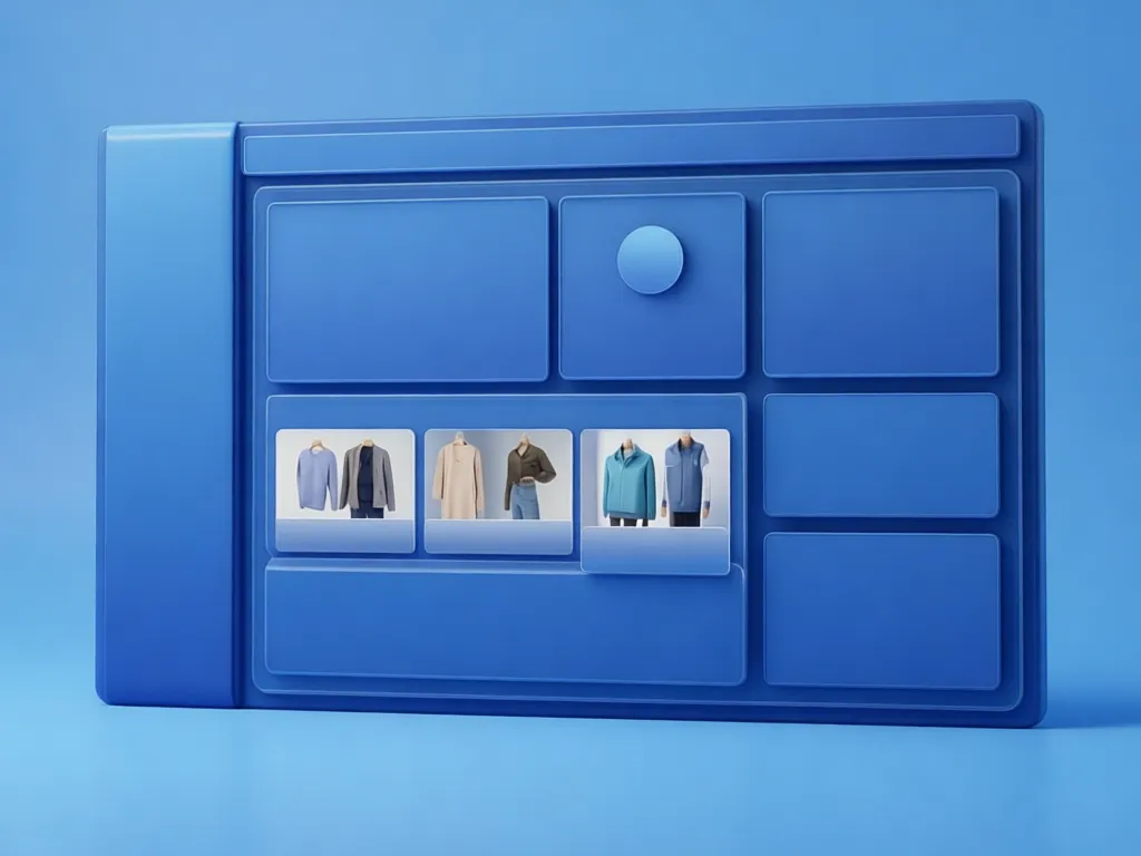 Sleek 3D illustration of a retail store dashboard displaying various inventory metrics, charts, and product images. Professional harmonious color palette, modern, trustworthy, rule of thirds, clean background, ample negative space.