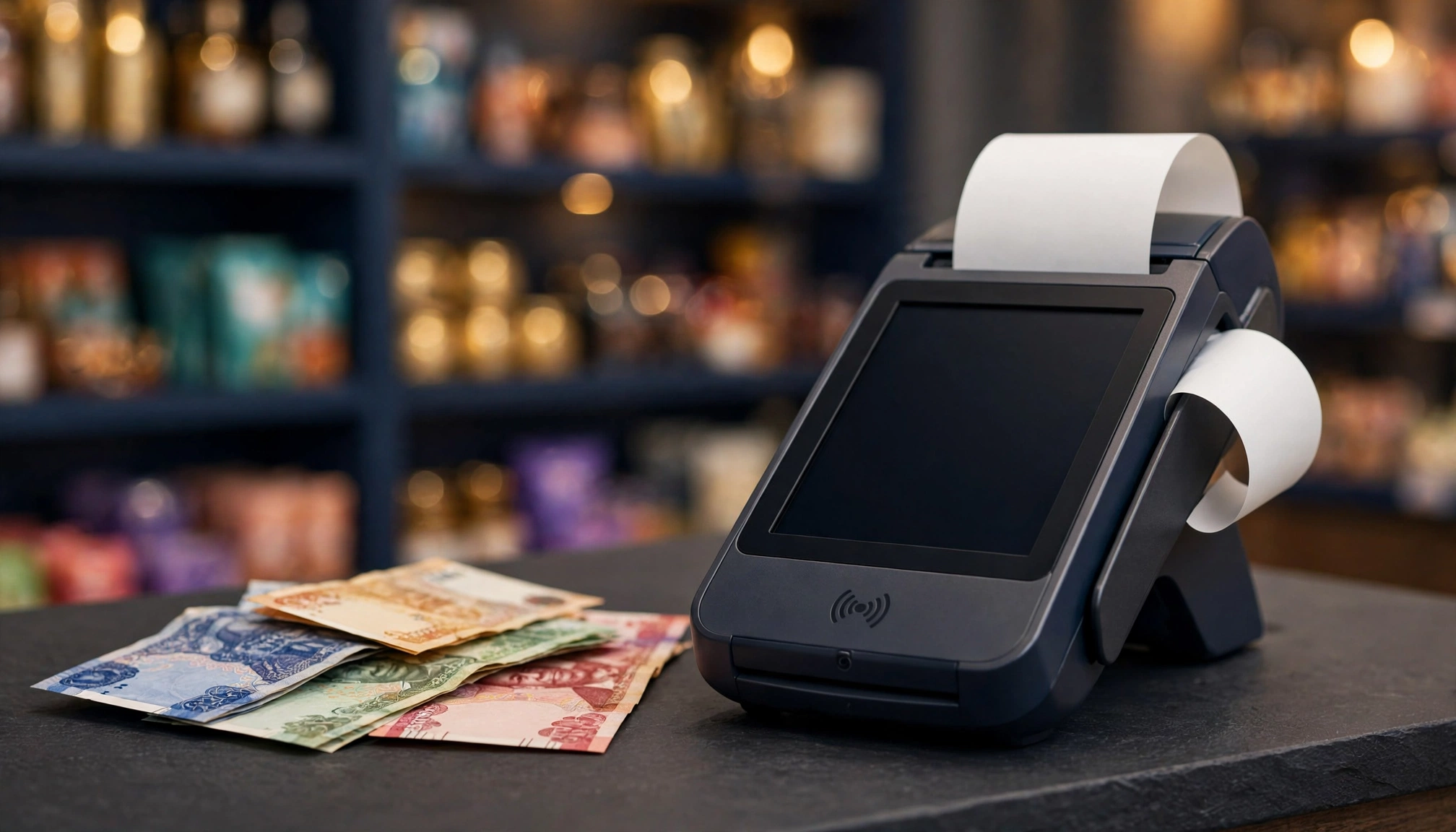 A cashier uses a pos system to process
