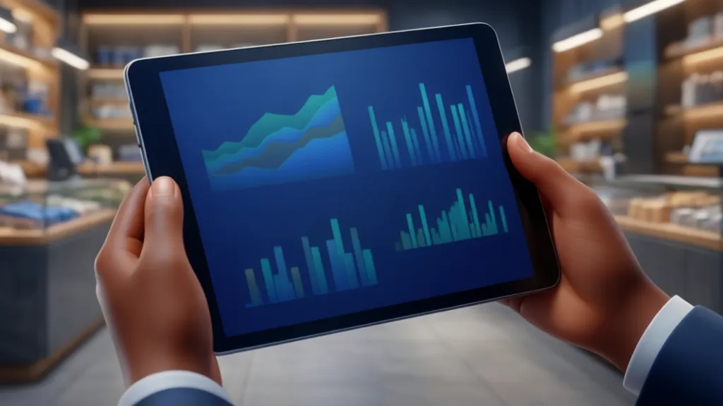 Photorealistic editorial photography of a tablet displaying analytical graphs and charts, held by a Nigerian retailer in a modern shop setting. Sleek 3D illustration. Professional harmonious color palette. Professional, trustworthy, modern mood. Rule of thirds, clean background, ample negative space. 16:9 landscape aspect ratio. ABSOLUTELY NO text, letters, words, numbers, titles, captions, labels, logos, watermarks, or distorted hands
