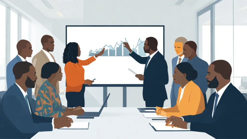Photorealistic editorial photography of a diverse group of Nigerian business owners collaborating and analyzing data on a large screen in a modern, well-lit office. Minimalist graphic design. Professional harmonious color palette. Professional, trustworthy, modern mood. Rule of thirds, clean background, ample negative space. 16:9 landscape aspect ratio. ABSOLUTELY NO text, letters, words, numbers, titles, captions, labels, logos, watermarks, or distorted hands