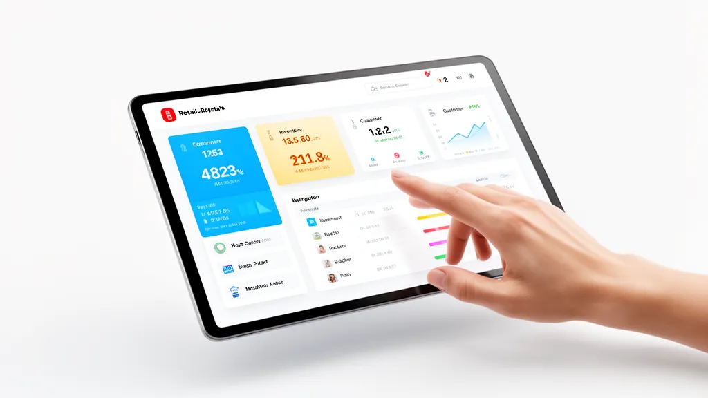 Sleek 3D illustration of a simplified, clean retail dashboard displaying key metrics like sales, inventory, and customer data, with a human hand interacting with a touch screen. Professional harmonious color palette, modern, trustworthy mood, rule of thirds composition, clean background, ample negative space, 16:9 landscape aspect ratio.