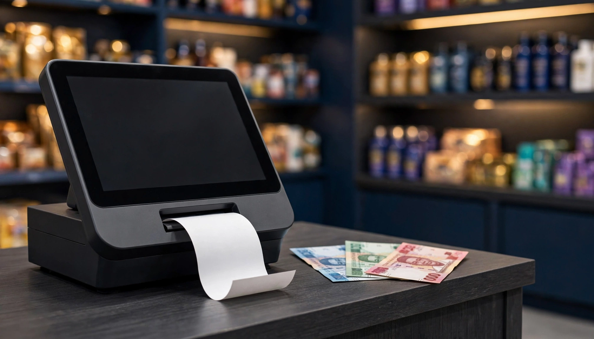Customer scans items at a modern self checkout