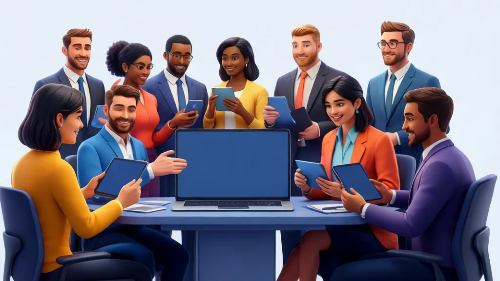Sleek 3D illustration of a diverse group of small business owners using various AI-powered tools on laptops and tablets, looking empowered and efficient
