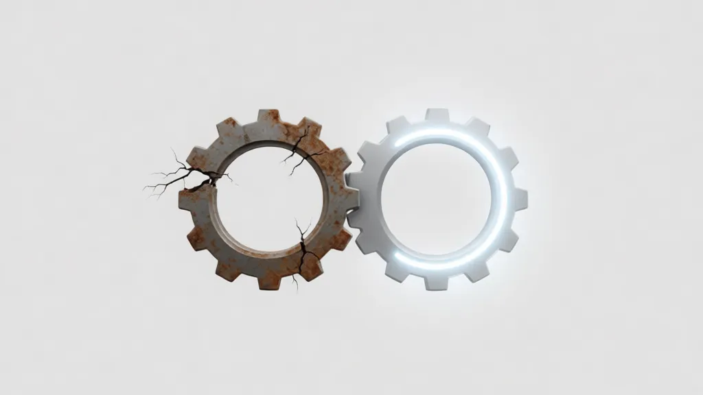 Minimalist graphic design of two gears interlocking, one labeled 