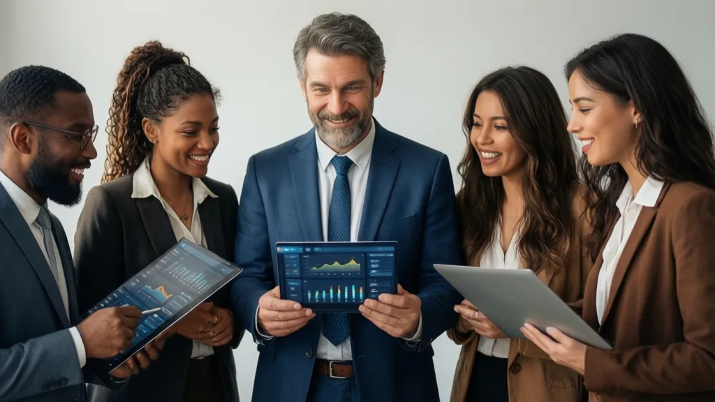 Photorealistic editorial photography of a diverse team of small business owners collaboratively reviewing a digital dashboard on a large screen in a modern, well-lit office.