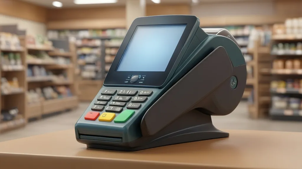 Sleek 3D illustration of a modern retail store with a clean, user-friendly POS terminal at the counter, showing a digital sales interface. Professional harmonious color palette, modern, trustworthy mood. Rule of thirds composition, clean background, ample negative space. 16:9 landscape aspect ratio.