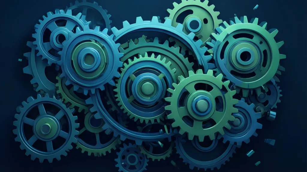 Sleek 3D illustration of interconnected gears and cogs, some stuck or misaligned, representing the inefficiencies of manual business processes. A professional harmonious color palette with blues and greens. The mood is analytical and problem-solving. The composition is dynamic, showing the gears interlocking, with ample negative space. 16:9 landscape aspect ratio. ABSOLUTELY NO text, letters, words, numbers, titles, captions, labels, logos, watermarks, or distorted hands