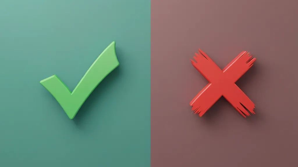 Minimalist graphic design showing a stylized comparison chart, with clear green checkmarks on one side and red crosses on the other, illustrating efficiency versus inefficiency. A professional harmonious color palette, with a clean, modern aesthetic. The mood is informative and decisive. The composition is balanced and clear, with ample negative space. 16:9 landscape aspect ratio. ABSOLUTELY NO text, letters, words, numbers, titles, captions, labels, logos, watermarks, or distorted hands