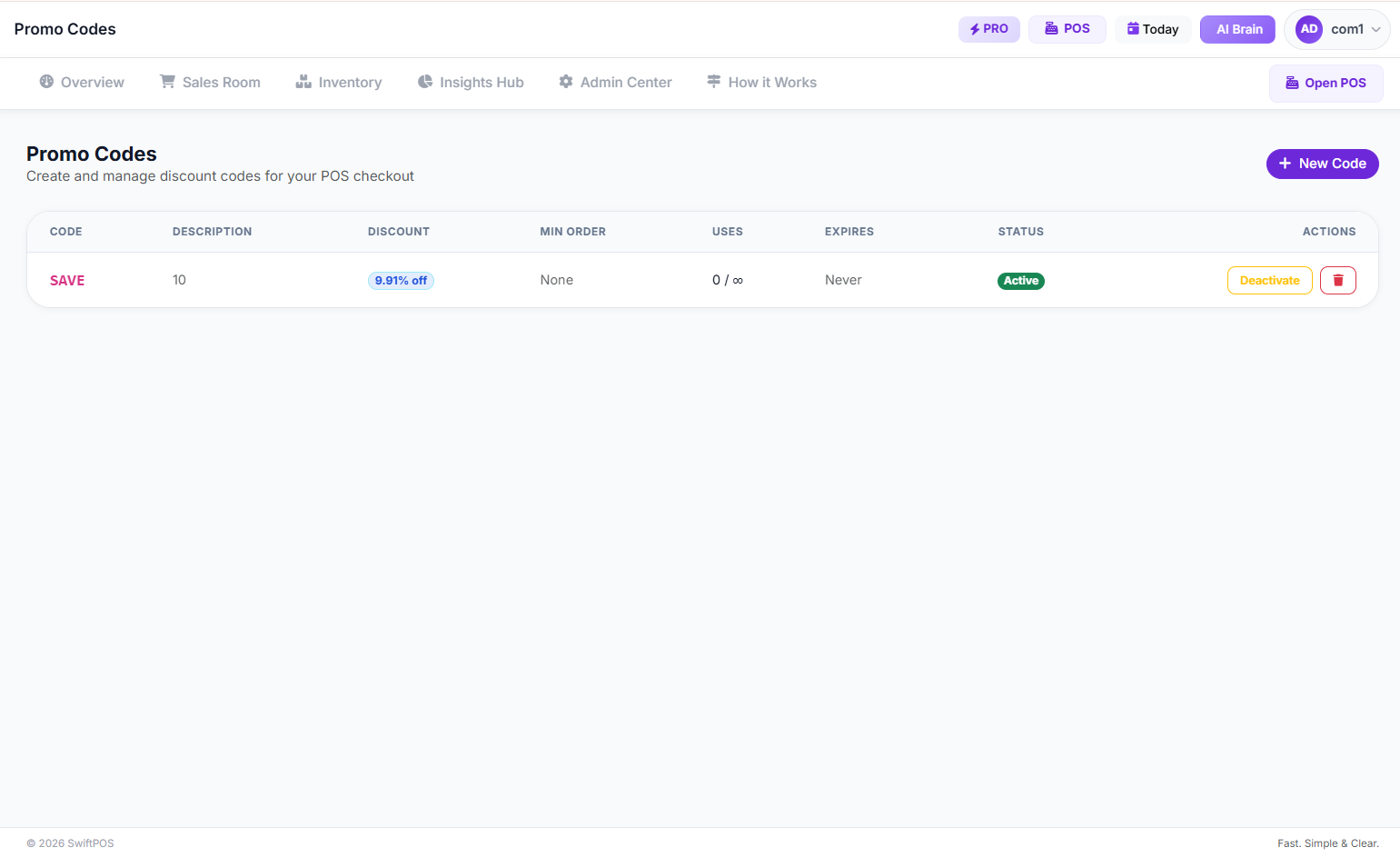 manage promo codes page