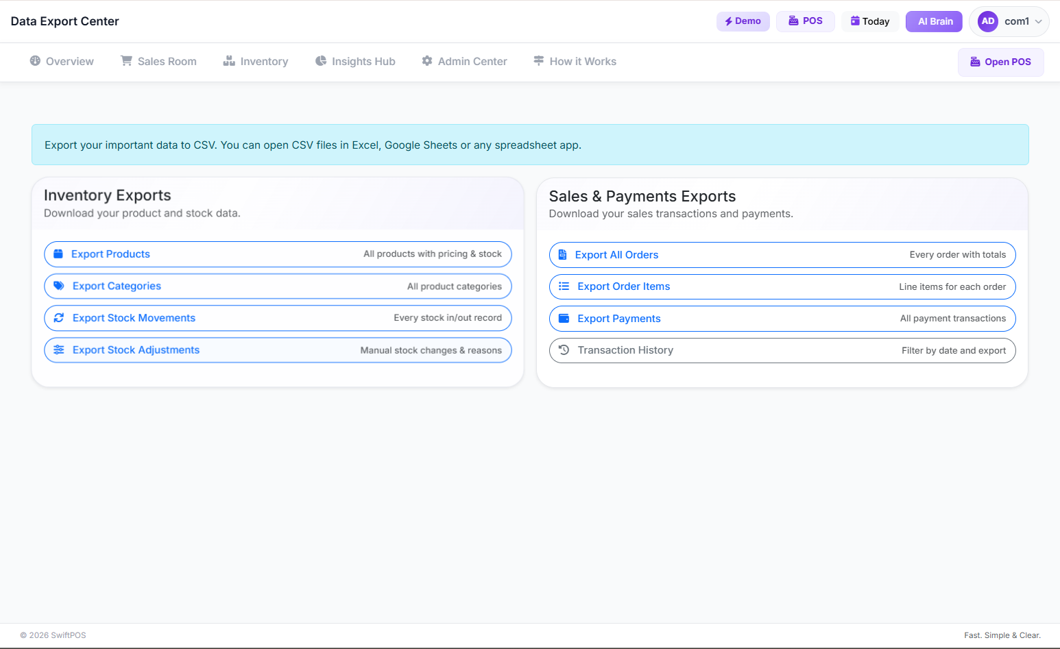 SwiftPOS Data Export page for exporting business reports and financial data