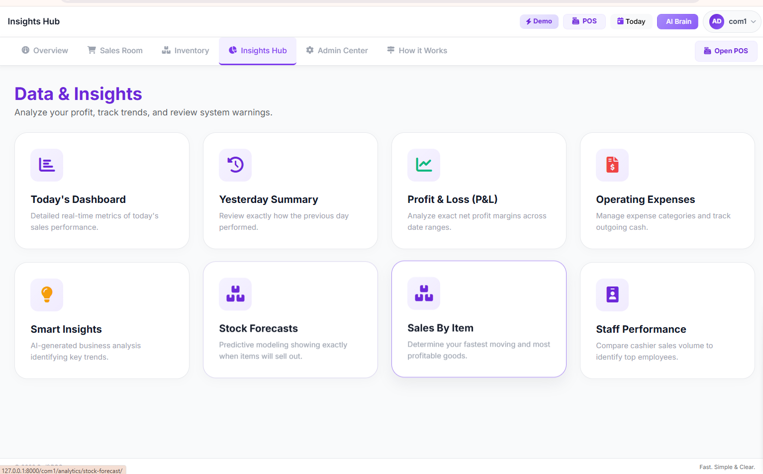 SwiftPOS Insights Hub showing business performance tracking