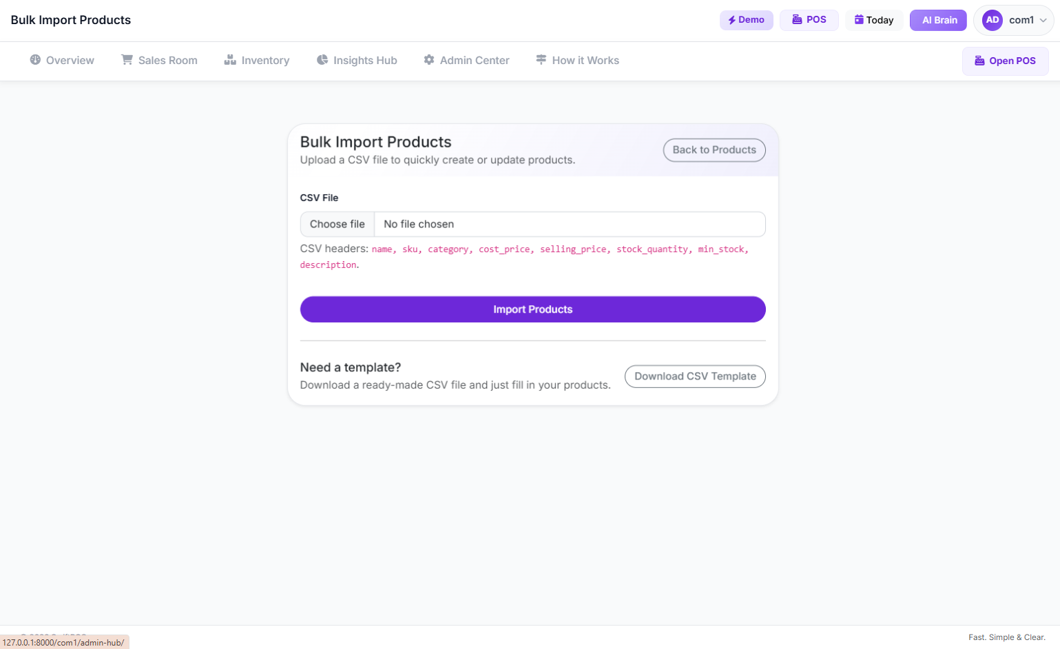 Bulk Products Import Page