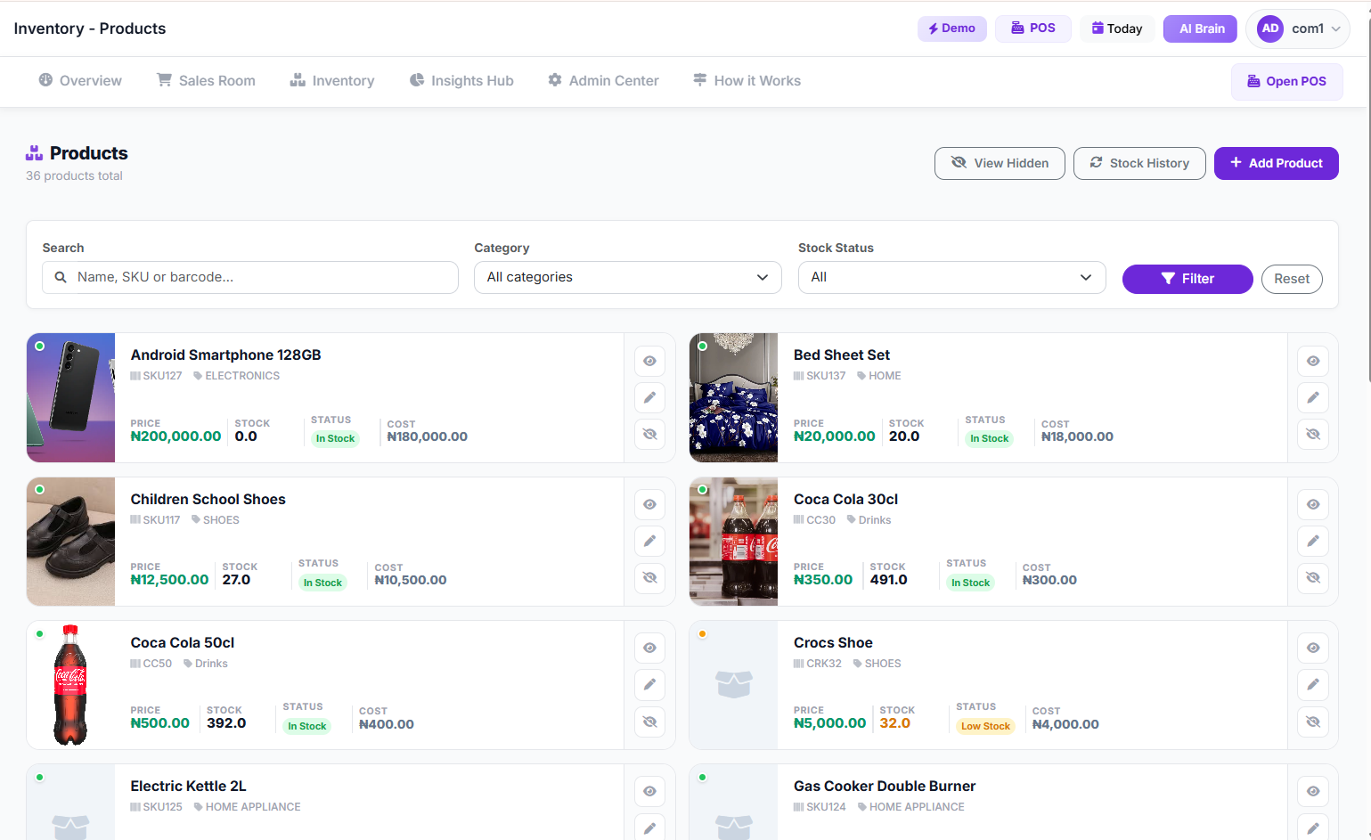 A detailed view of the SwiftPOS NG Product List Page, showing various products with their stock levels, prices, and categories.
