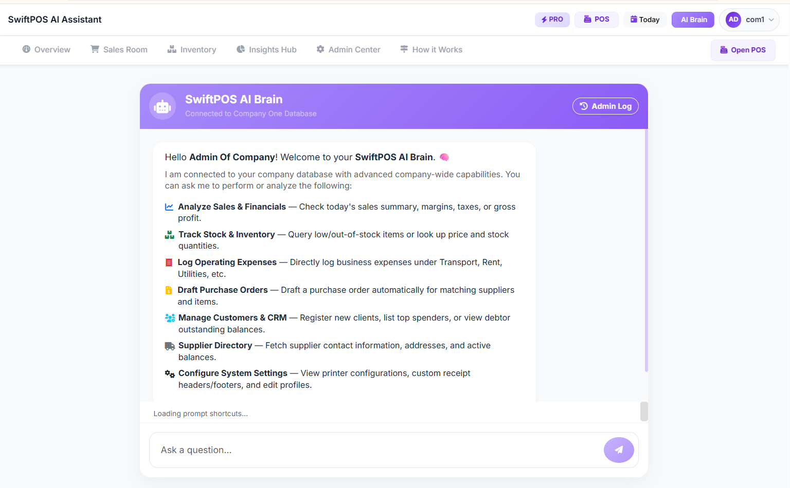 SwiftPOS AI Assistant answering a business question about inventory
