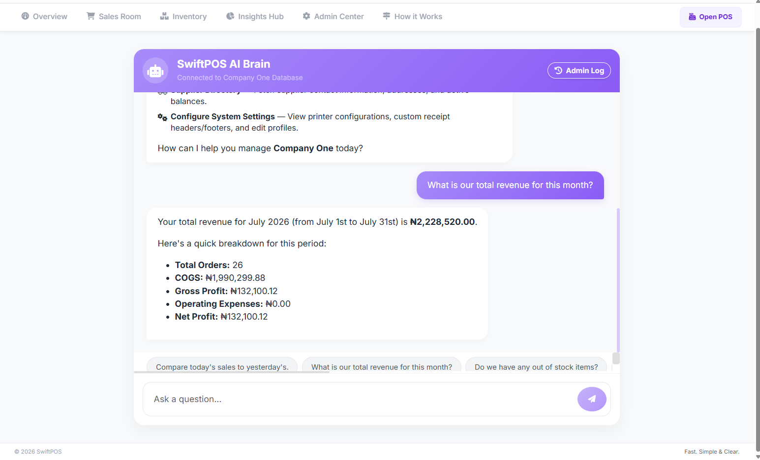 SwiftPOS AI Brain answering a business question