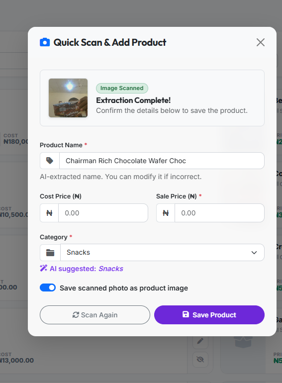 SwiftPOS AI Quick Scan product result with suggested category