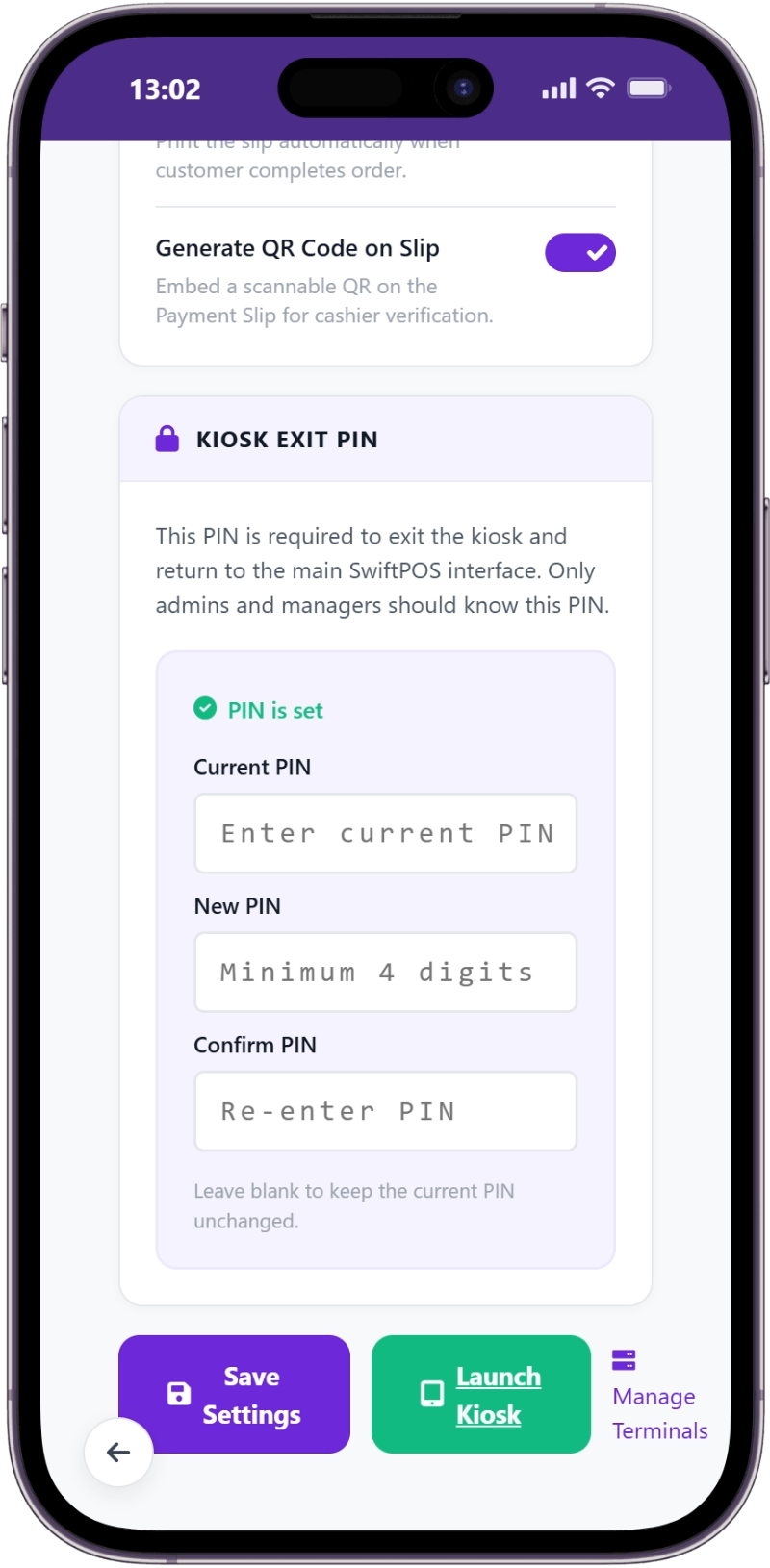 Self Checkout Settings Page - PIN Setup Section