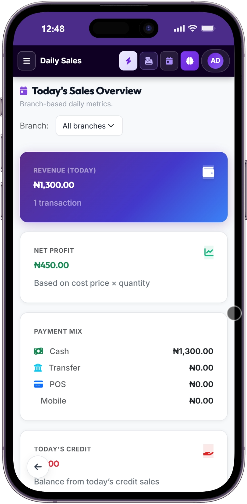 SwiftPOS Mobile Daily Sales & Net Profit on iPhone 14 Pro
